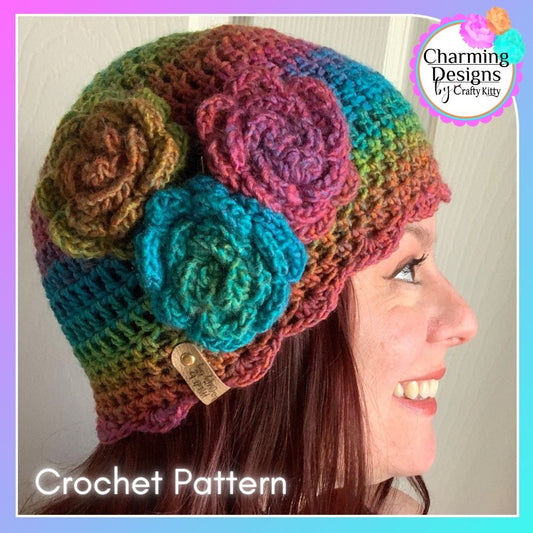 Scalloped Edge Beanie with Flower Accents - PATTERN ONLY - Crochet Pattern With Photos & Instructions