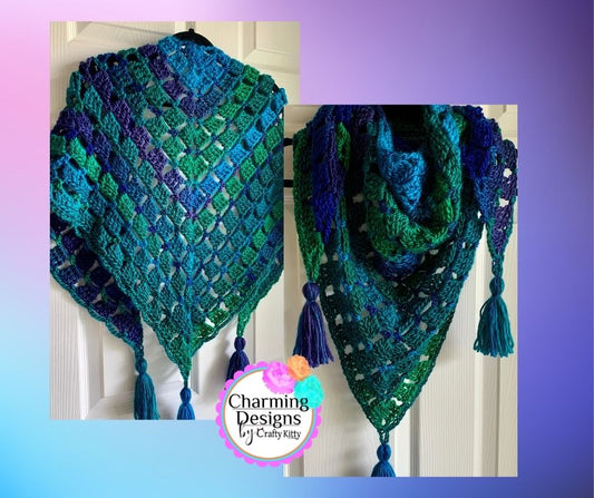 Peacock Plume Handmade Crochet Wrap - Shawl - Scarf