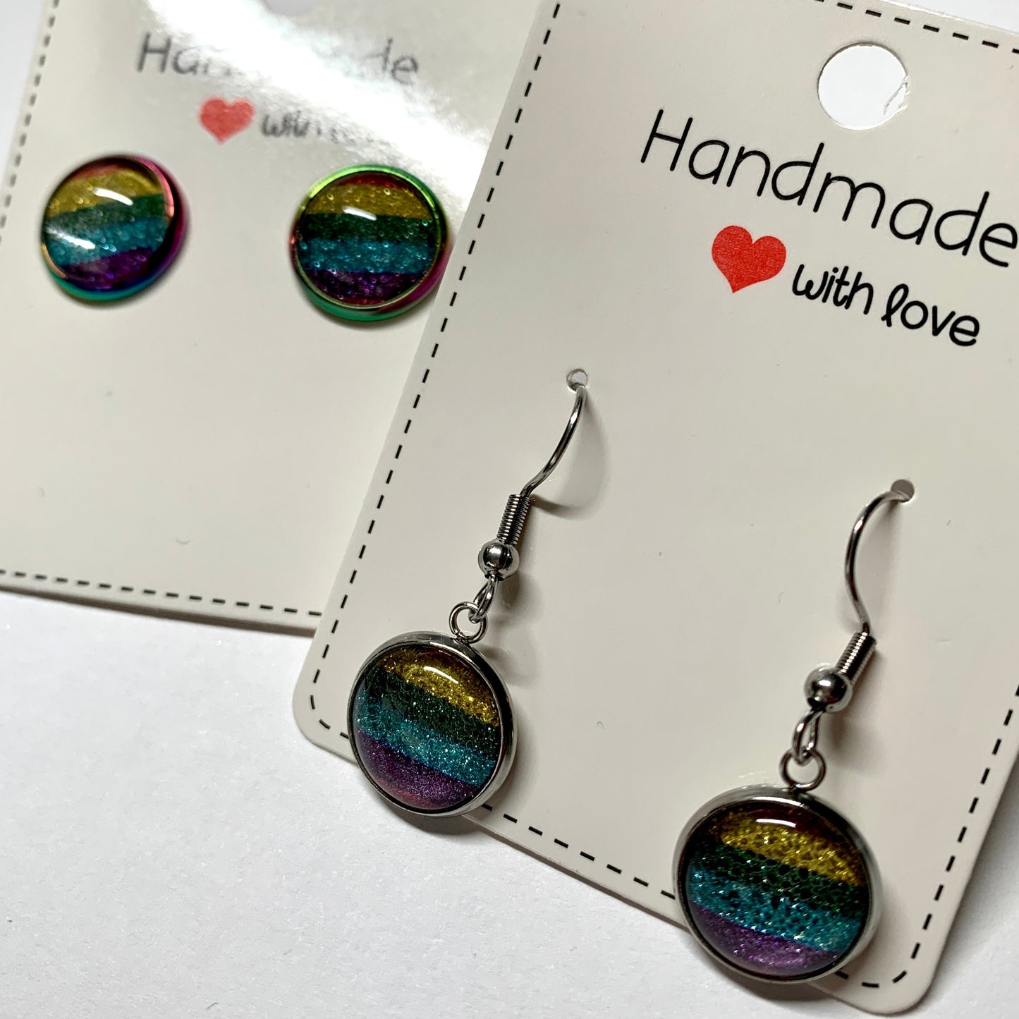 Rainbow Stripe Glitter Cabochon Earrings