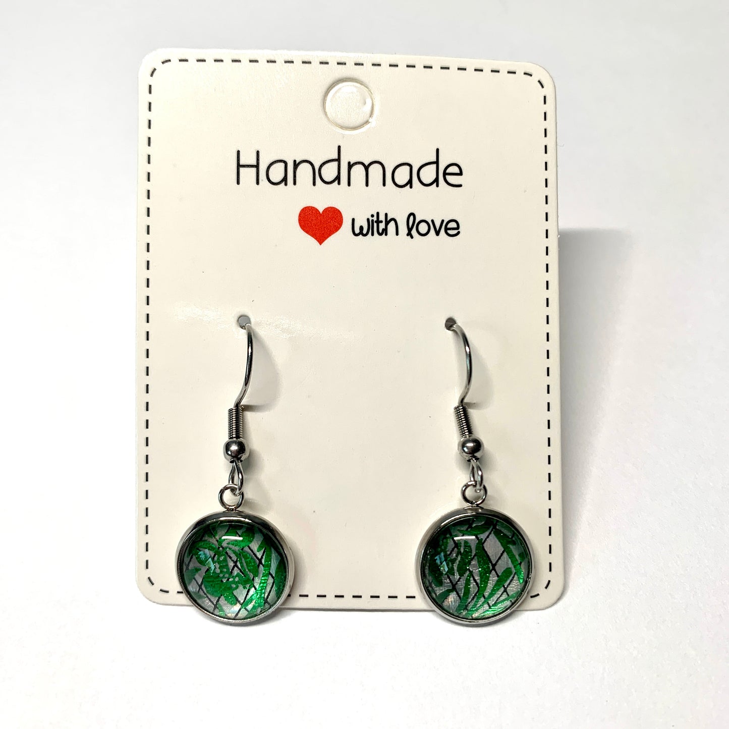 Emerald Green and Metallic Silver Cabochon Dangle Earrings