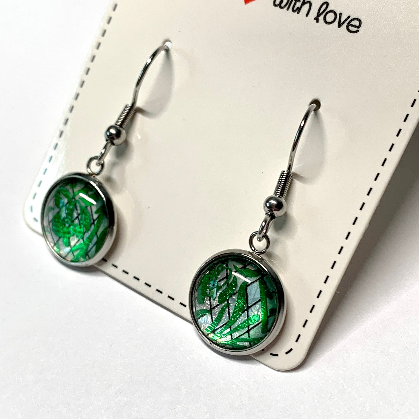 Emerald Green and Metallic Silver Cabochon Dangle Earrings