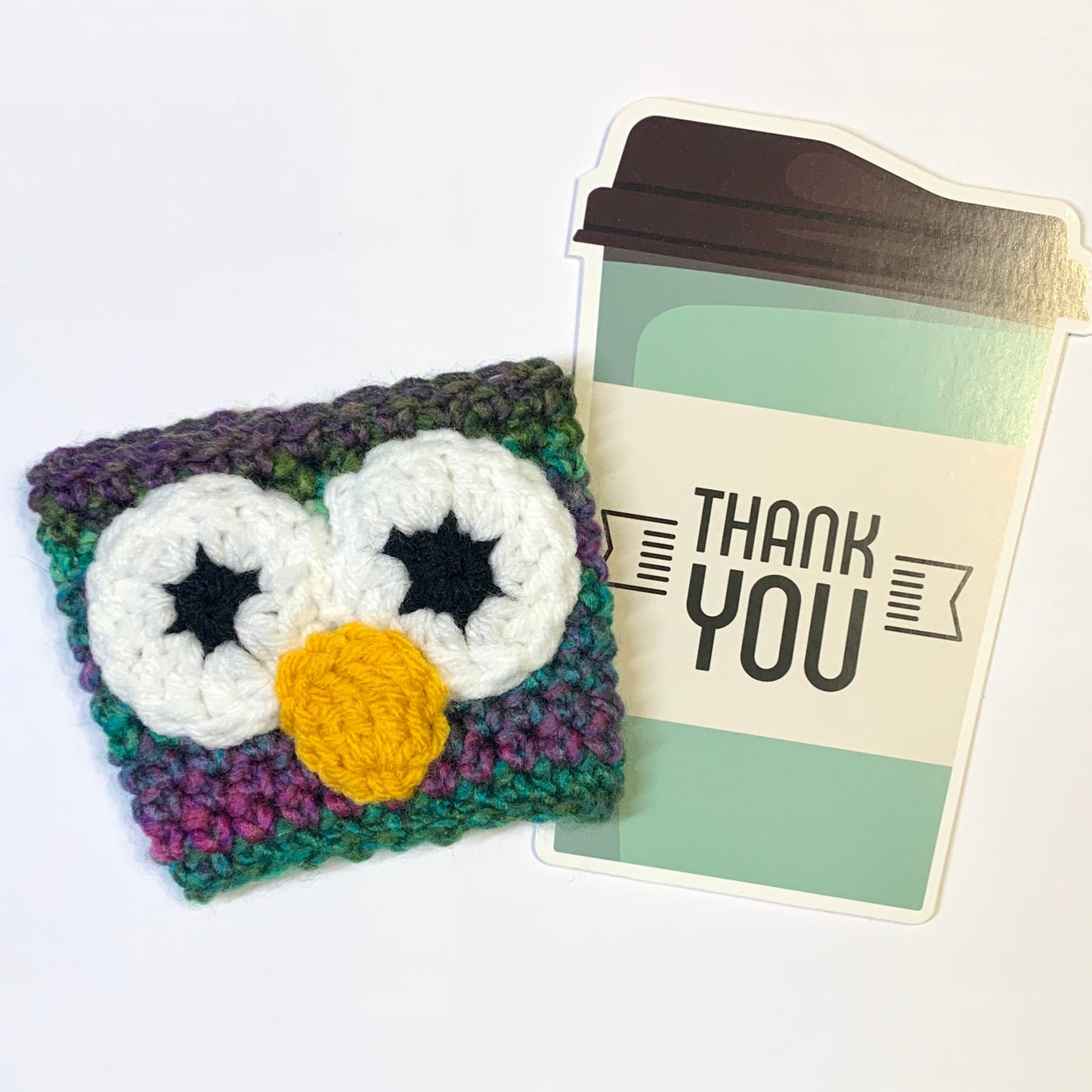 Forest Owl Handmade Reusable Coffee Sleeve (with Thank You Card)