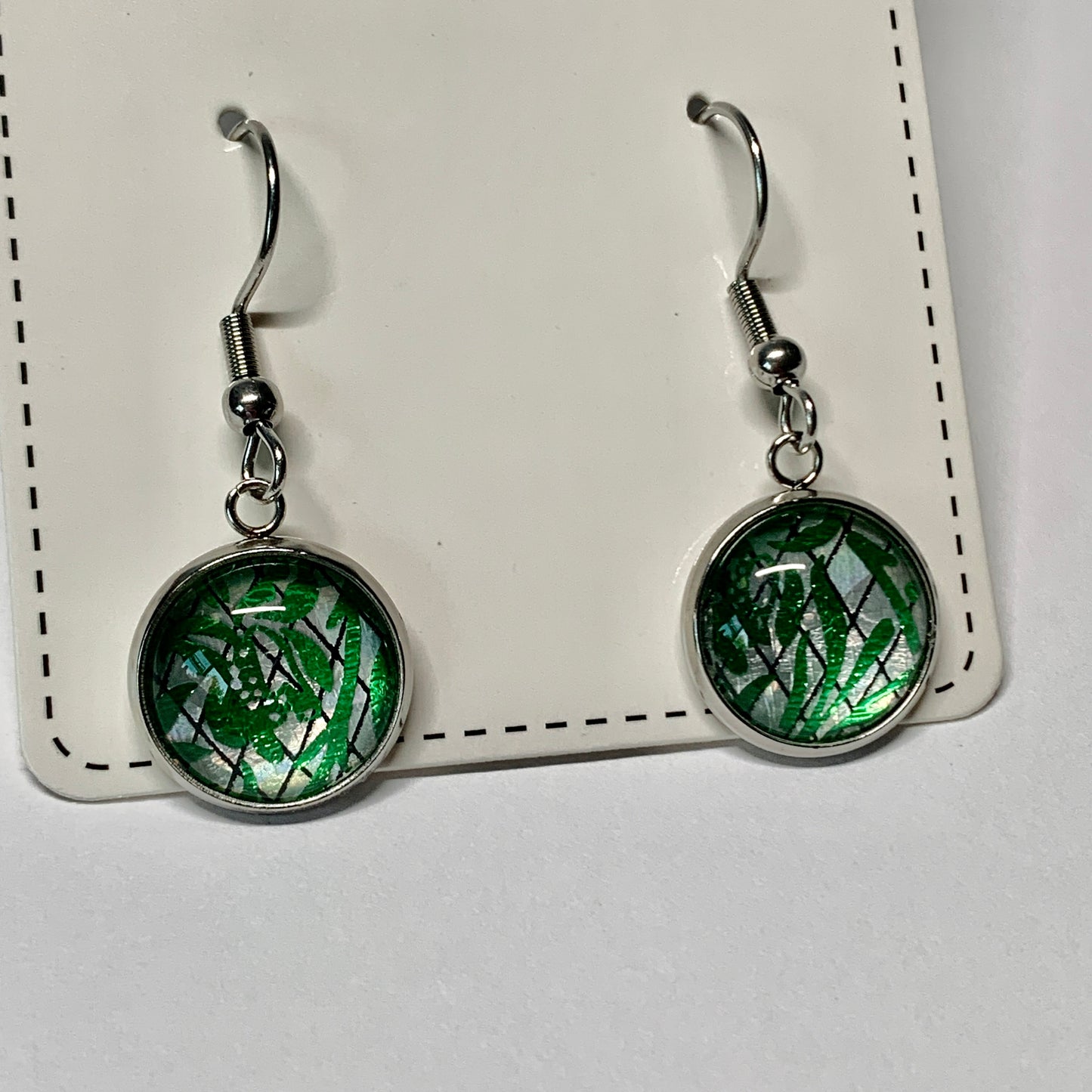 Emerald Green and Metallic Silver Cabochon Dangle Earrings