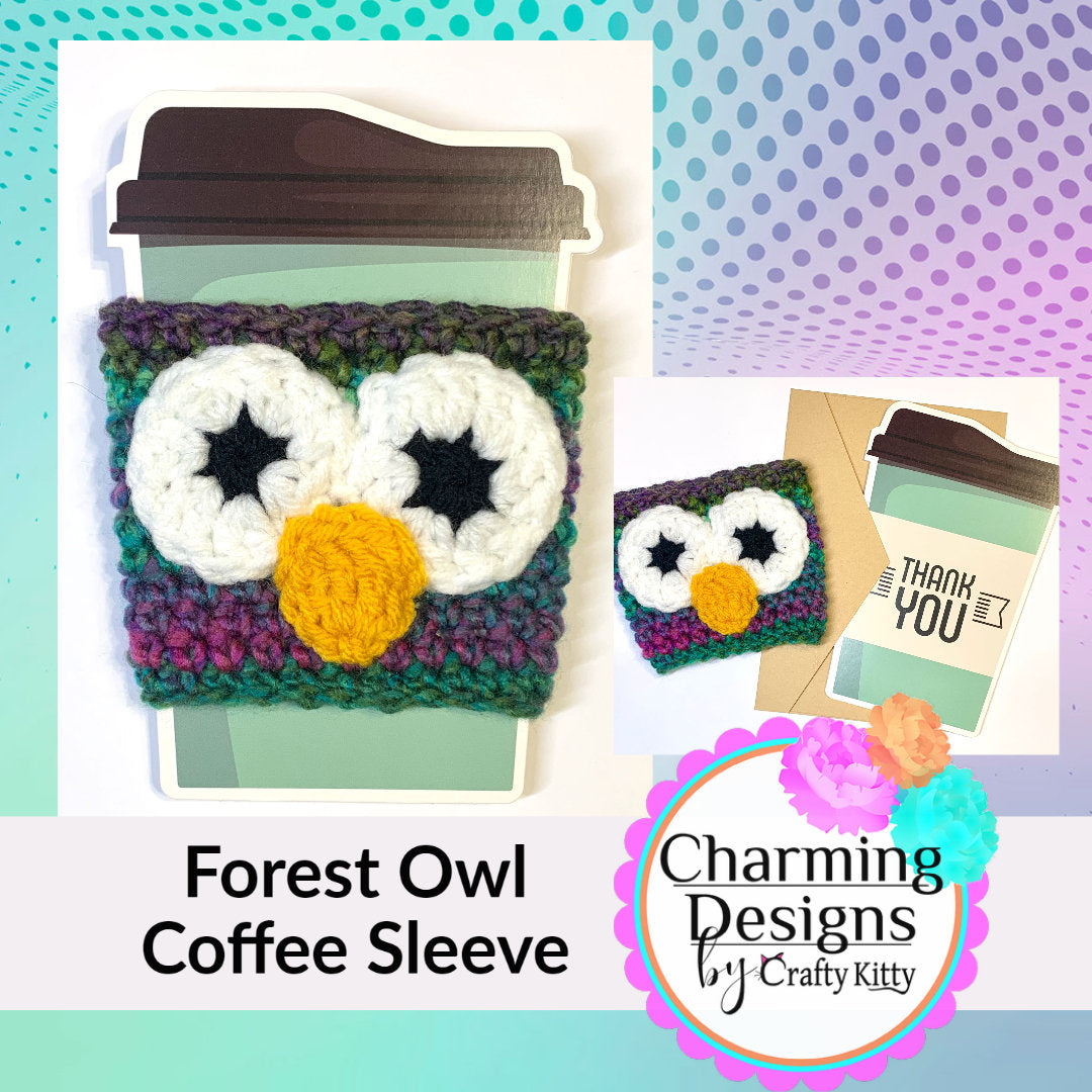 Forest Owl Handmade Reusable Coffee Sleeve (with Thank You Card)