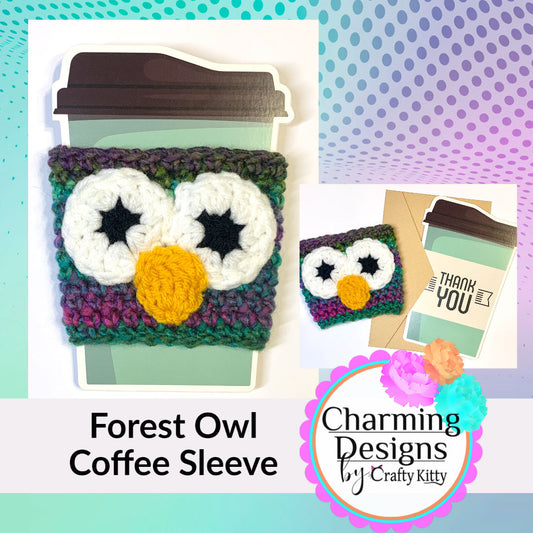 Forest Owl Handmade Reusable Coffee Sleeve (with Thank You Card)