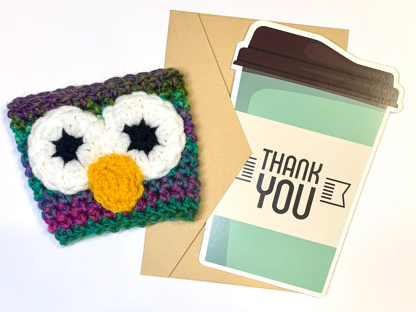 Forest Owl Handmade Reusable Coffee Sleeve (with Thank You Card)