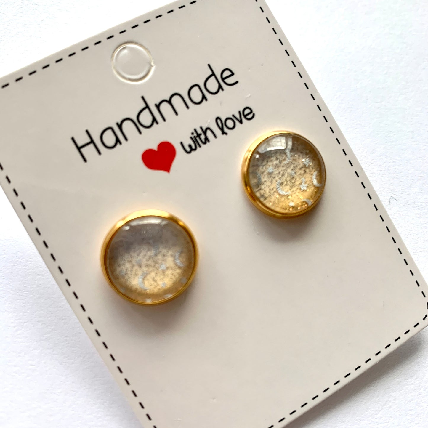 Gold Ombré Glitter with Silver Moons Handmade Cabochon Earrings