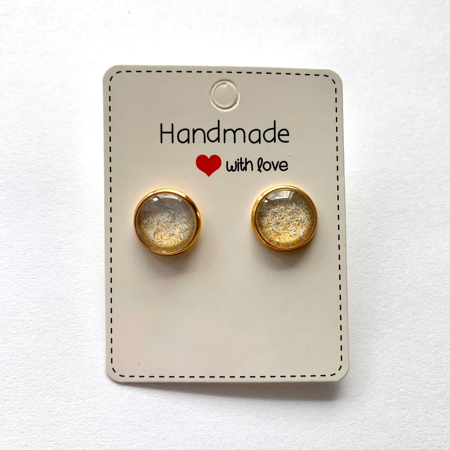 Gold Ombré Glitter with Silver Moons Handmade Cabochon Earrings