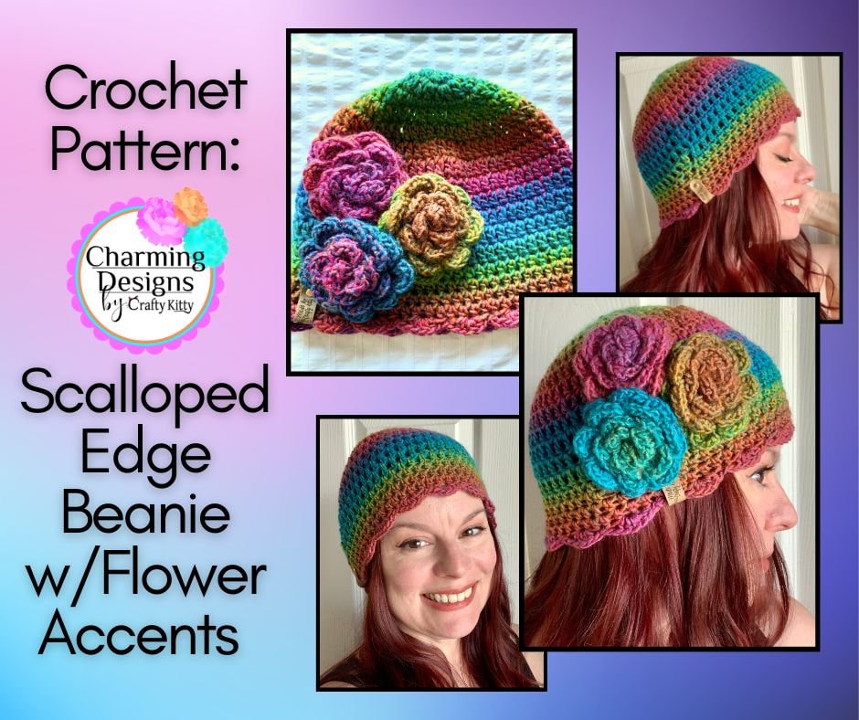 Scalloped Edge Beanie with Flower Accents - PATTERN ONLY - Crochet Pattern With Photos & Instructions