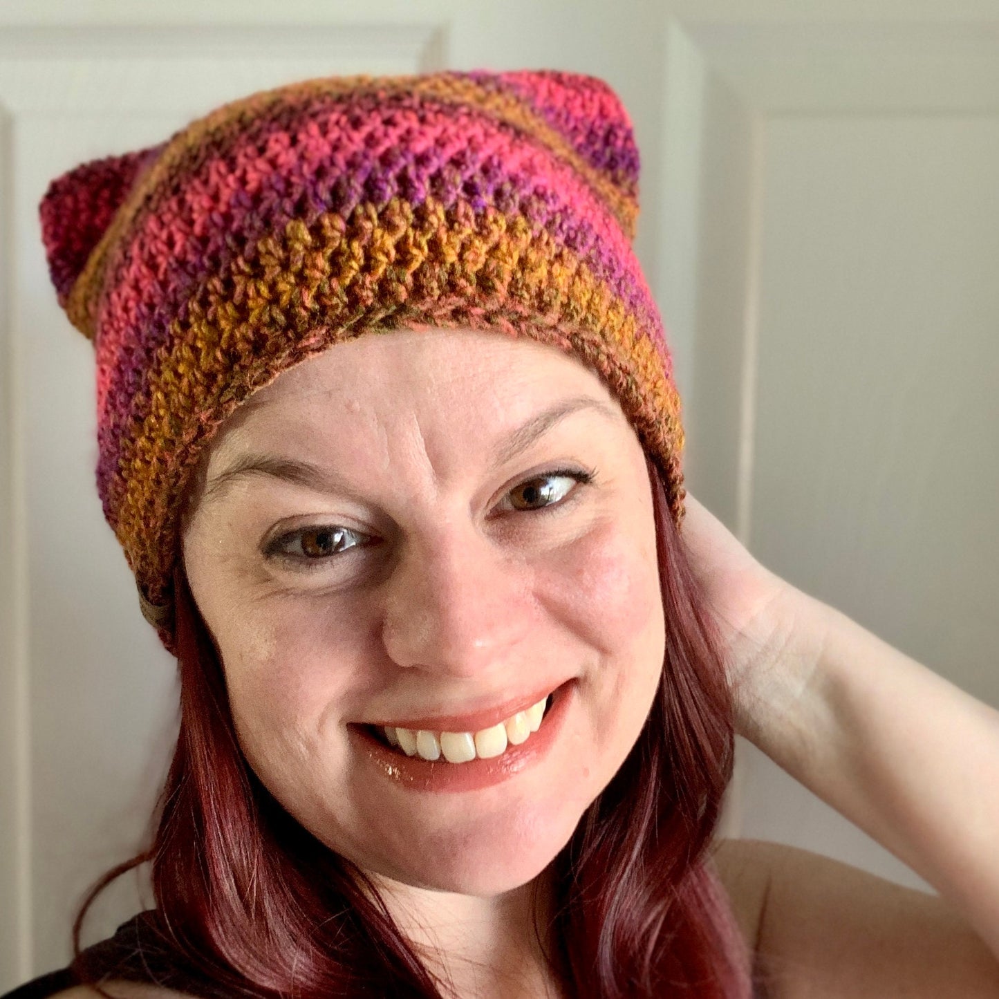 Square Kitty Ear Beanie - Handmade - Crocheted Cat Ear Beanie in Marmalade color way