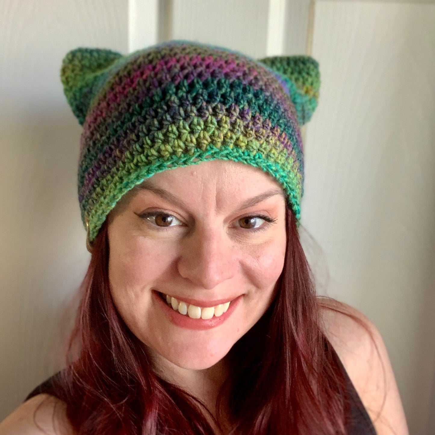 Square Kitty Ear Beanie - Handmade - Crocheted Cat Ear Beanie in Catwalk color way